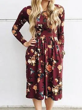 Burgundy Floral Long Sleeve Midi Dress