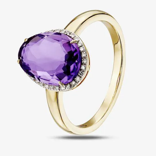 9ct Yellow Gold Oval Amethyst and Diamond Pave Ring GR558M