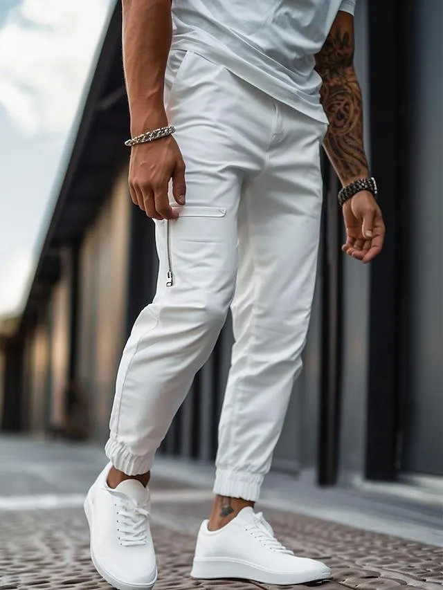 Men's Joggers Trousers Chinos Chino Pants Pocket Elastic Cuff Plain Comfort Business Daily Holiday Fashion Chic & Modern White Micro-elastic