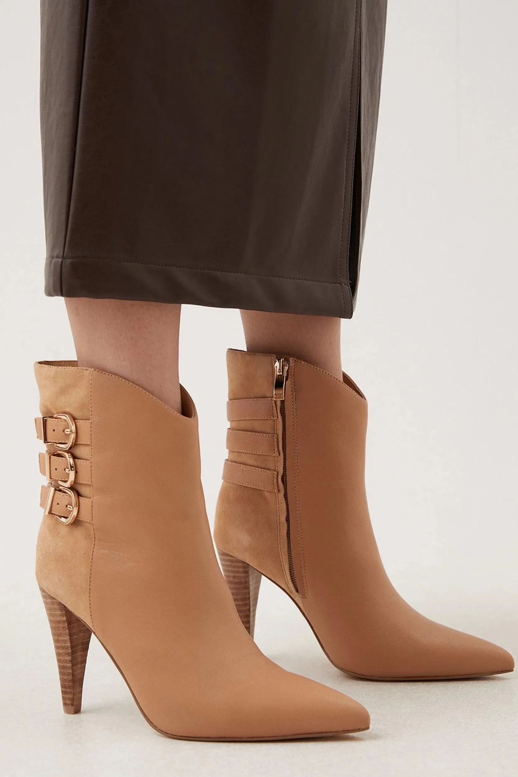 Leather And Suede Cone Heel Buckle Boot