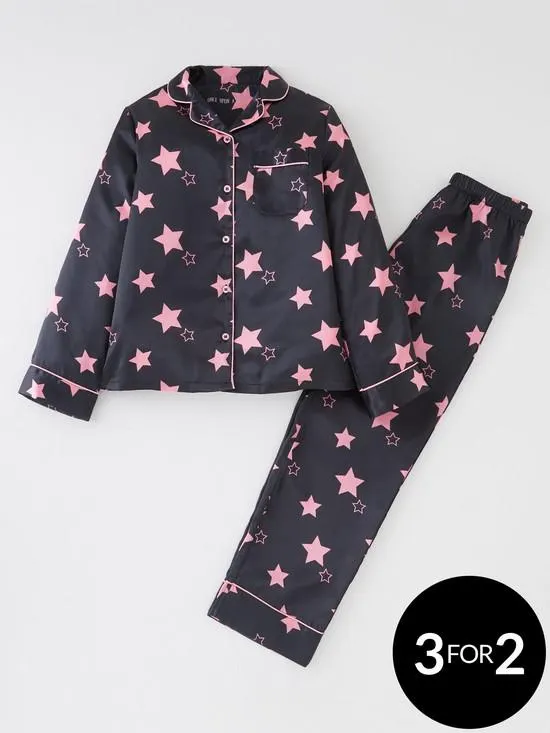 Girls Star Print Satin Long Sleeve Pyjamas - Black/Pink