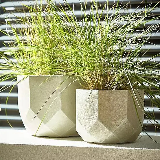 Set of 2 Beige Wash Geometric Clay Pots