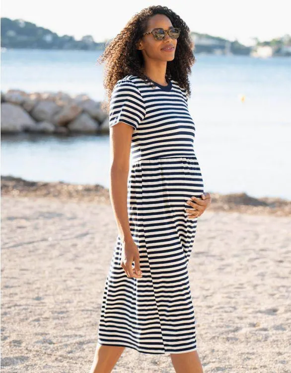 Midi Navy & White Stripe Maternity to breastfeeding Smock T-Shirt Dress