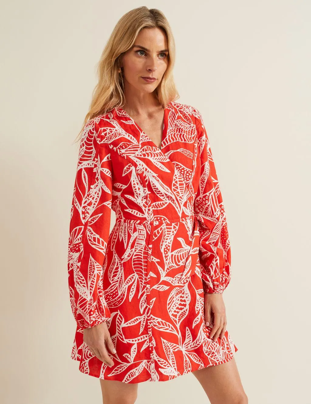 Linen Blend Leaf Print V-Neck Mini Wrap Dress