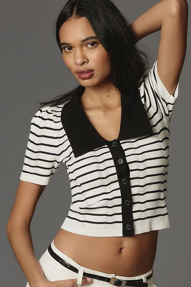 Maeve Stripe Short-Sleeve Slim Collared Cardigan