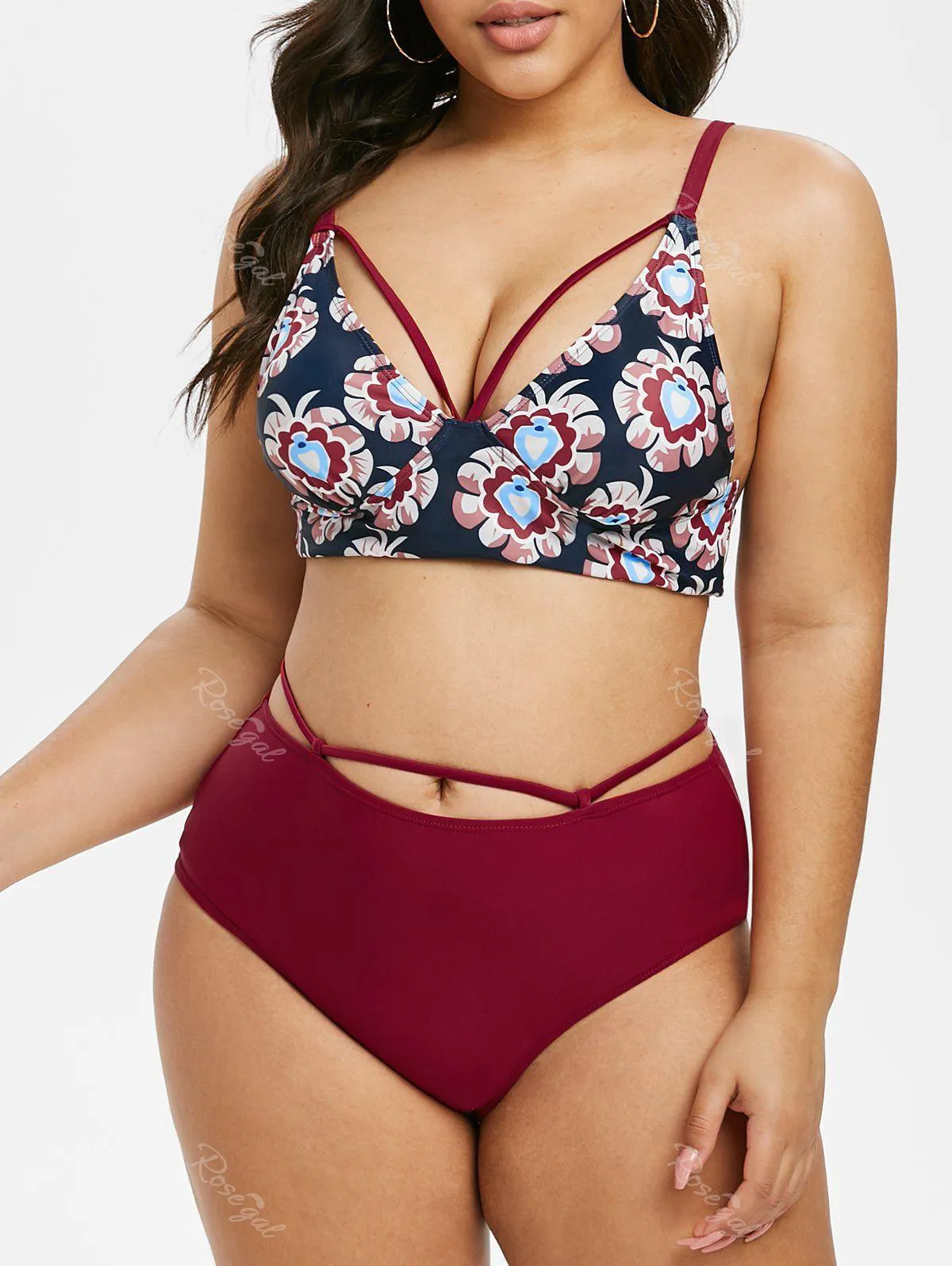 Plus Size Flower Cutout High Waisted Bikini Swimsuit - 5x