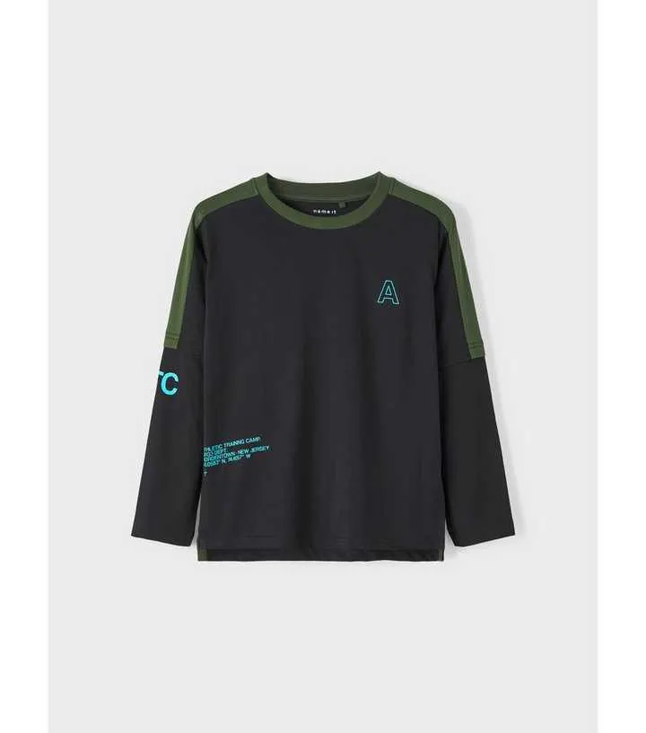 Name It Black Cotton Long Contrast Sleeve Logo Top
