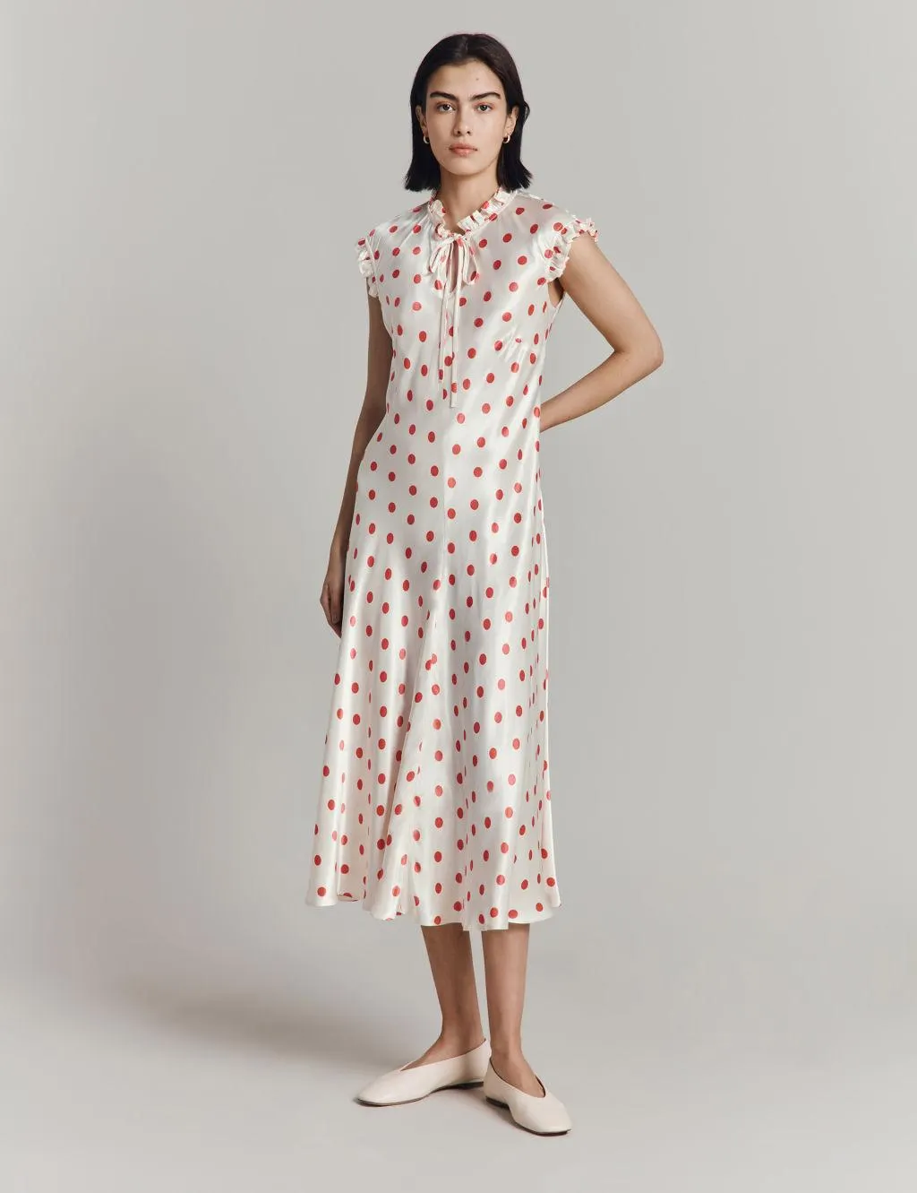 Polka Dot Tie Neck Ruffle Midaxi Tea Dress