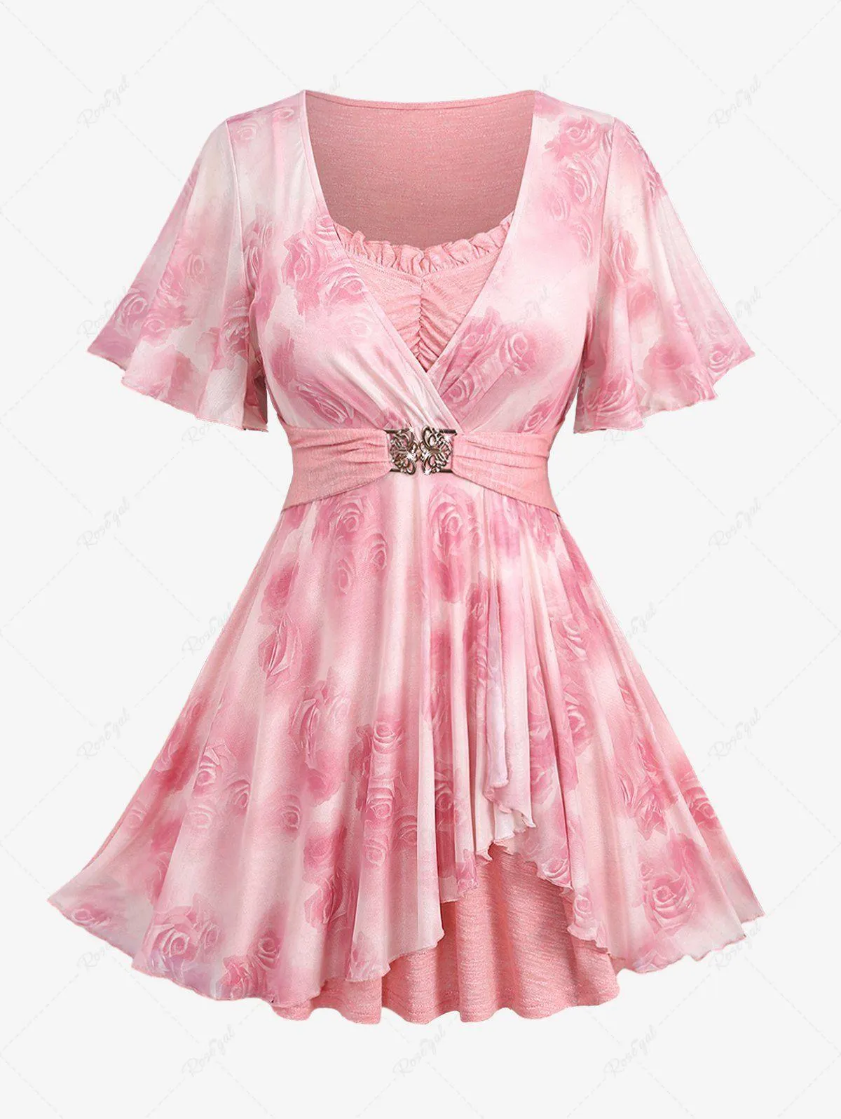 Plus Size Rose Flower Print Ruched Ruffles Tulip Hem Buckle Surplice 2 In 1 Top - 3x | Us 22-24