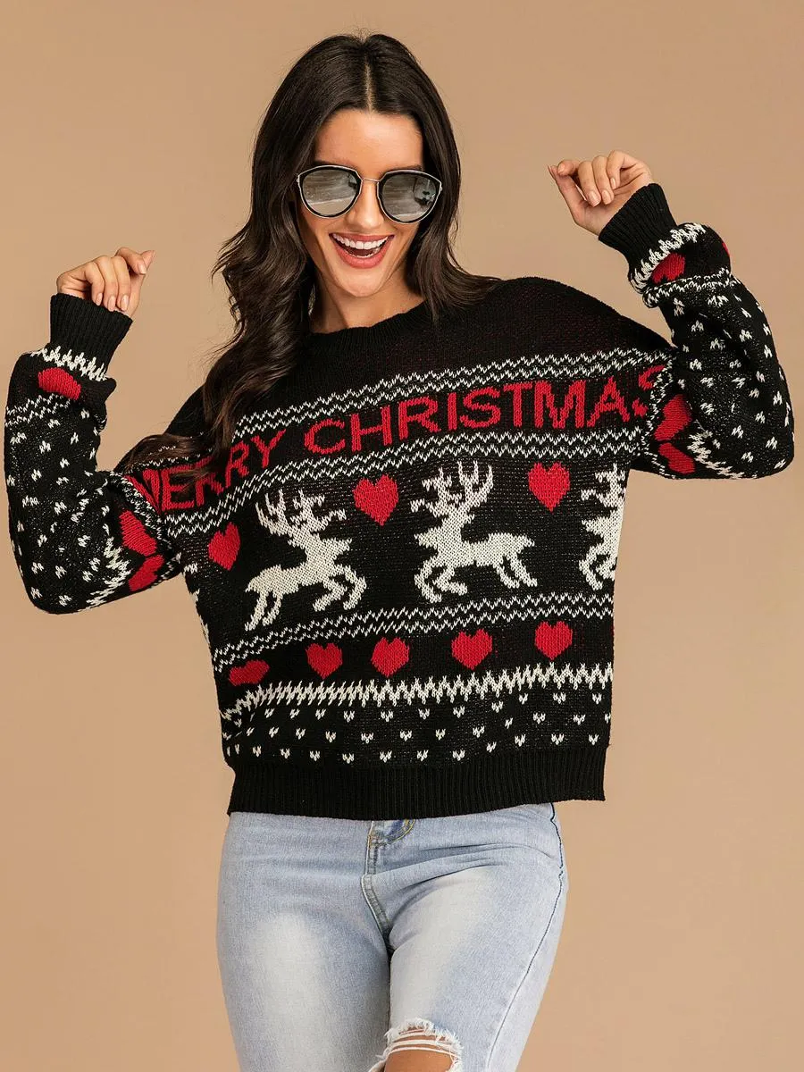 Pullovers For Women Black Christmas Pattern Long Sleeves Polyester Sweaters