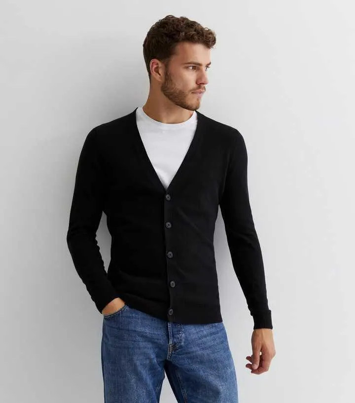 Black Fine Knit Slim Fit Cardigan