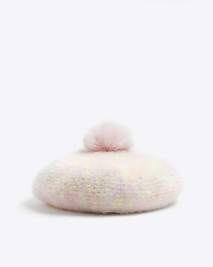 Mini girls rainbow knitted pom pom beret hat