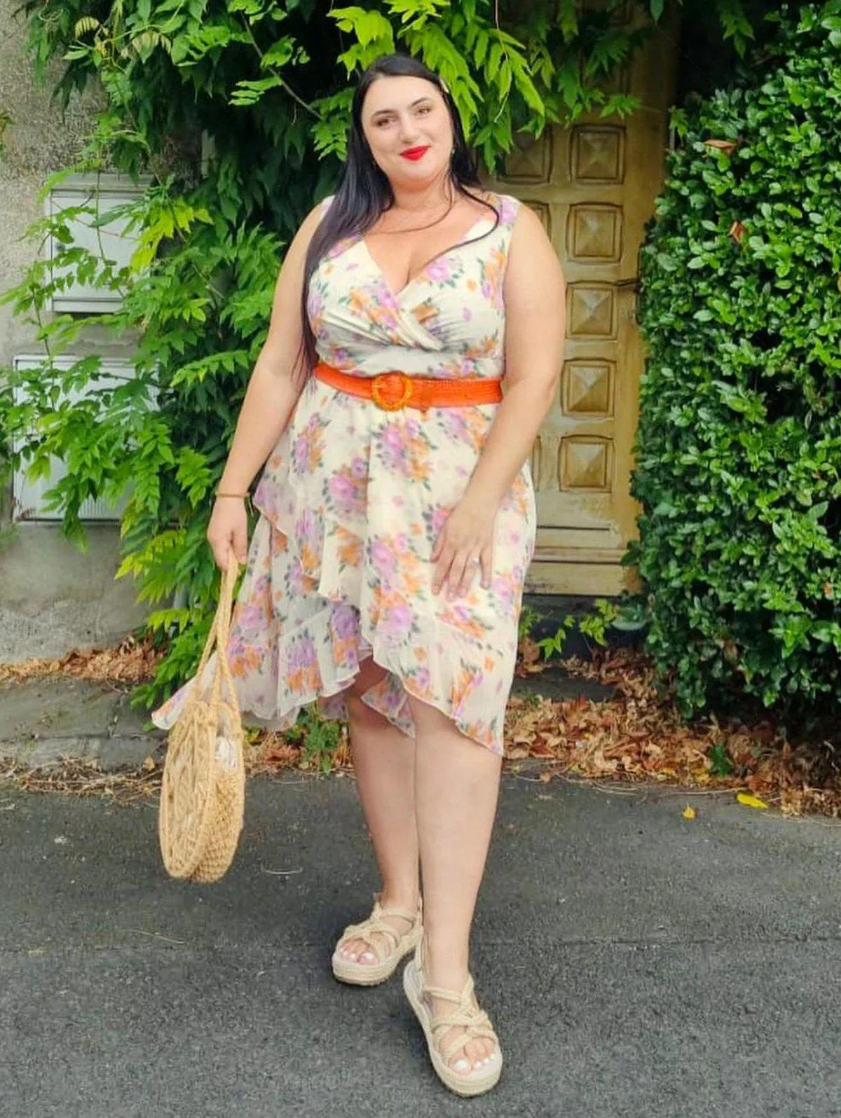 Plus Size Plunge Floral Print Flounced High Low Surplice Midi Sundress - S | Us 8