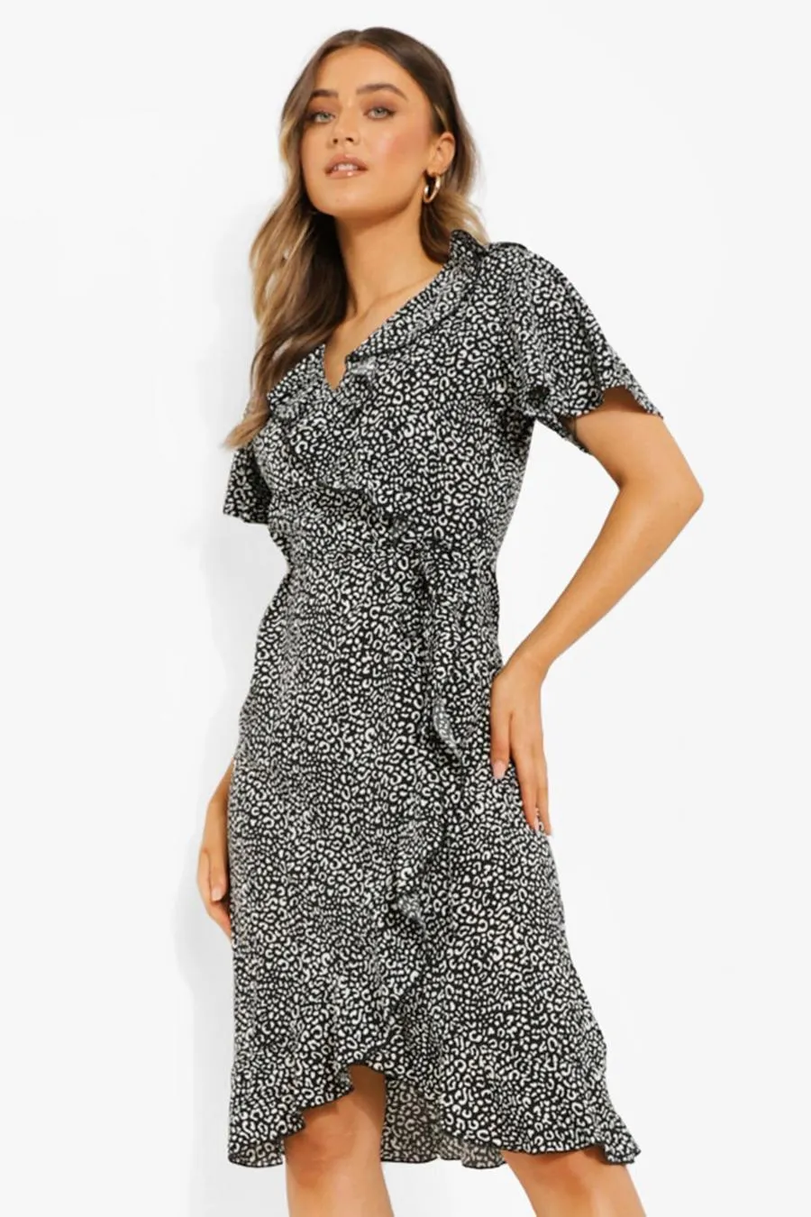 Woven Animal Print Ruffle Midi Dress