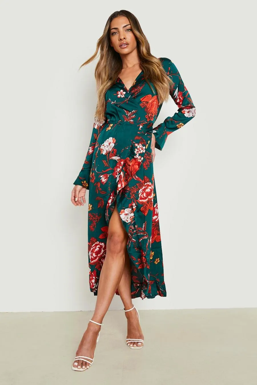 Satin Floral Ruffle Wrap Midi Dress