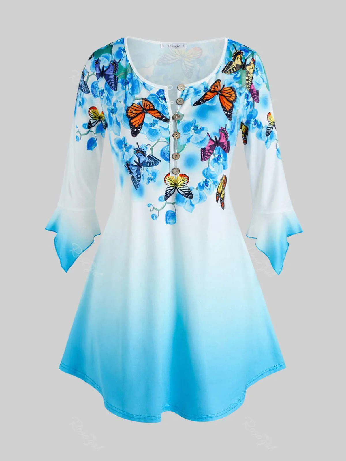 Plus Size Bell Sleeve Butterfly Floral Print Ombre Color Tee - 1x