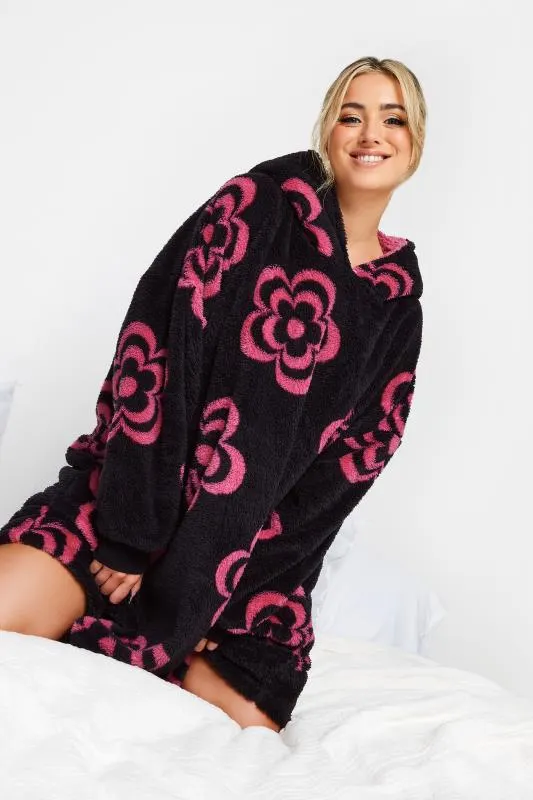YOURS Curve Black & Pink Floral Snuggle Hoodie