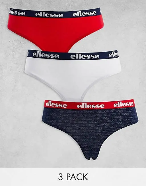 Ellesse 3 pack thongs with logo waistband in navy white and red