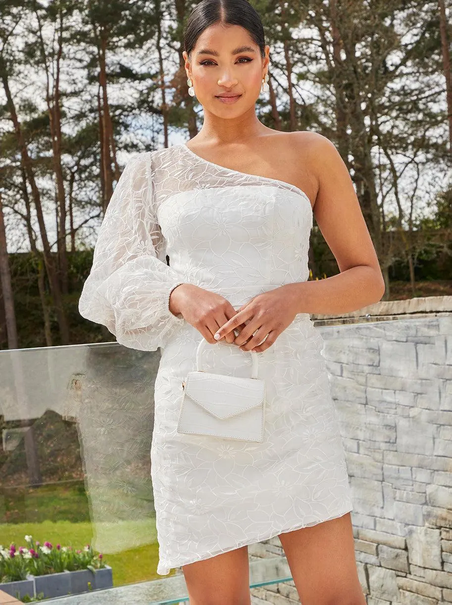 One Shoulder Balloon Sleeve Bodycon Dress in White