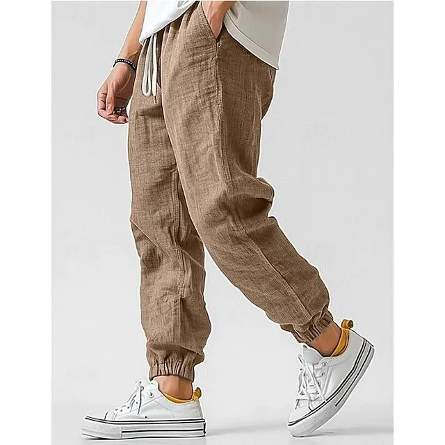 Men's Linen Pants Trousers Summer Pants Elastic Waist Straight Leg High Rise Solid Color Comfort Breathable Full Length Wedding Holiday Vacation Fashion Gray Green Blue High Waist Inelastic
