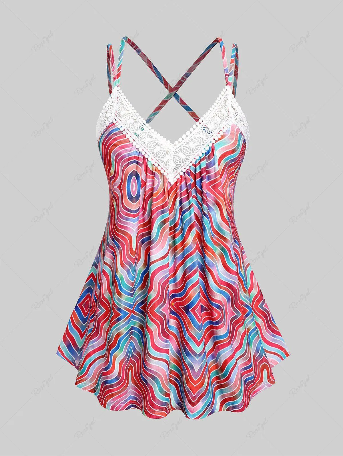 Plus Size & Curve Swirls Print Lace Panel Crisscross Tunic Tank Top - L | Us 12