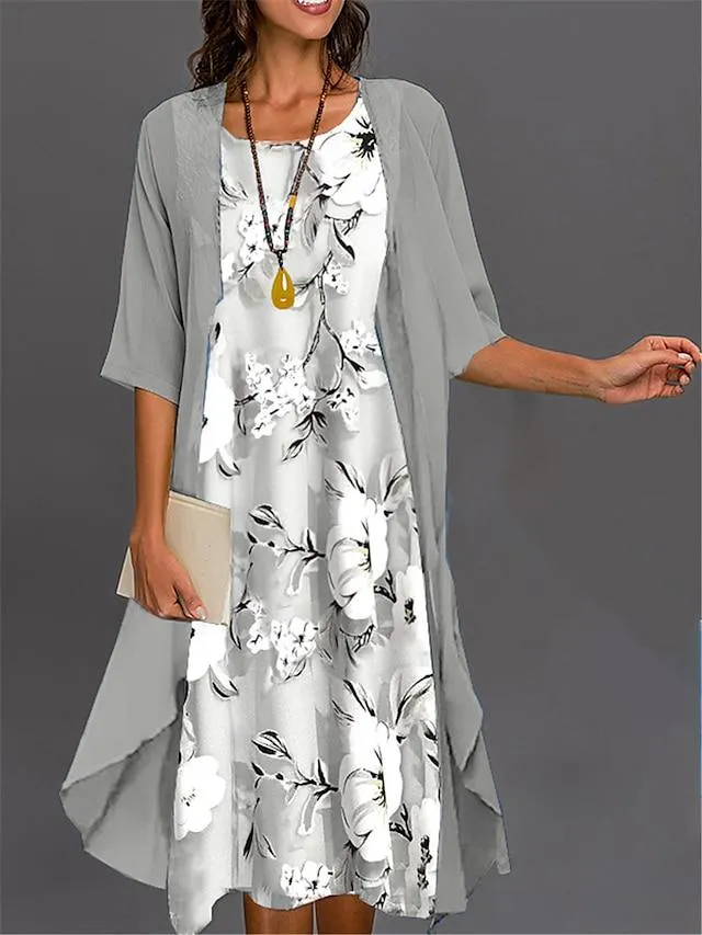 Women's Two Piece Dress Set Casual Dress Print Dress Outdoor Daily Fashion Elegant Print Midi Dress Crew Neck 3/4 Length Sleeve Floral Loose Fit Black White Pink Summer Spring S M L XL XXL