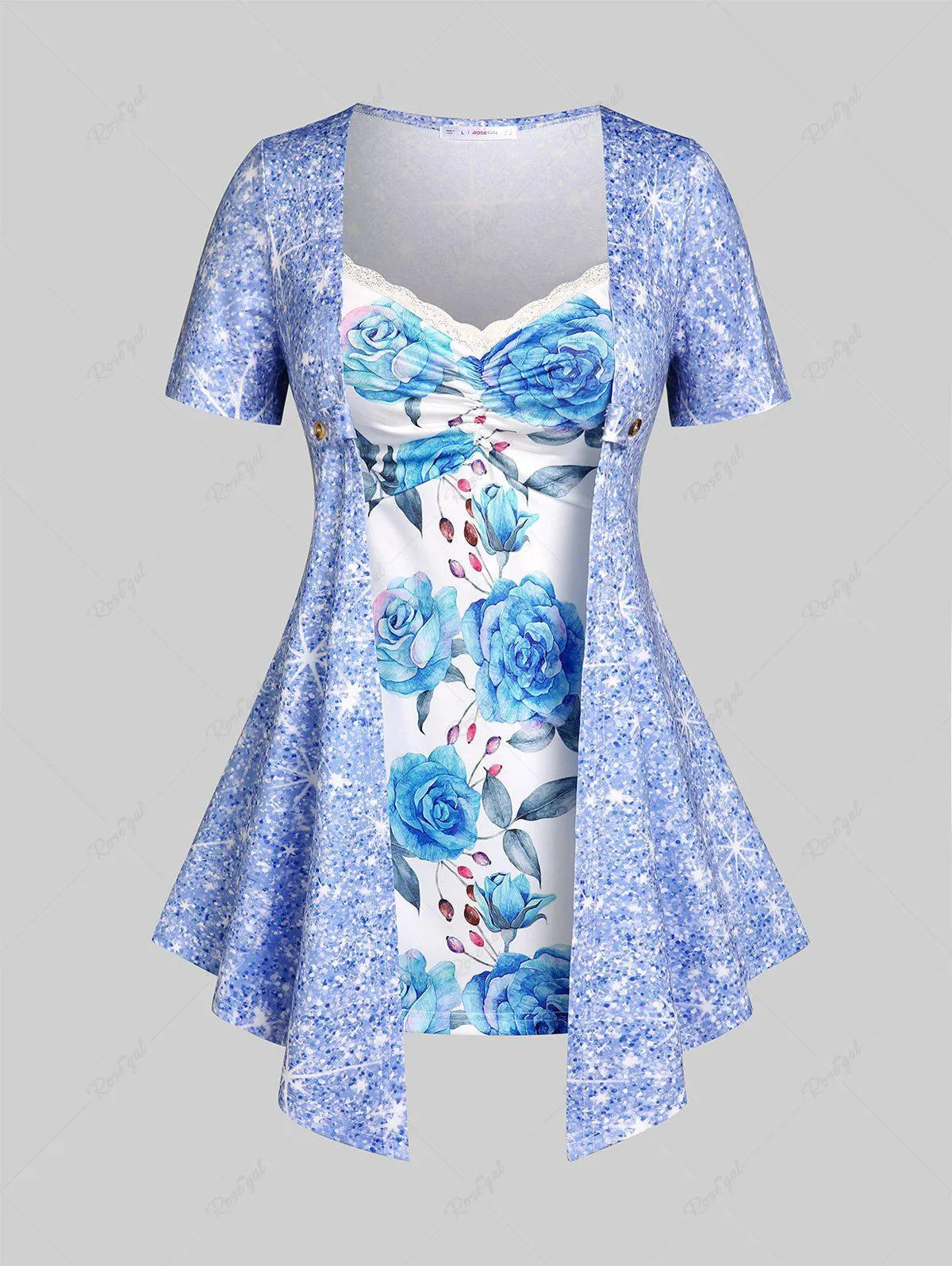 Plus Size & Curve Faux Twinset Rose Print Tee - L | Us 12