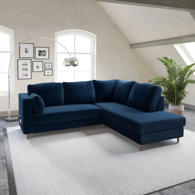 Navy Velvet Corner Sofa Bed with Storage - Seats 4 - Boe