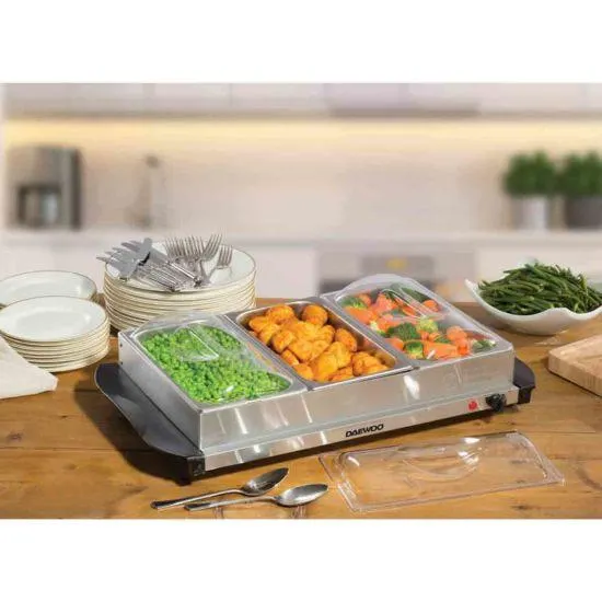 Daewoo SDA1404GE 3-Pot Buffet Server & Hot Plate - Stainless Steel