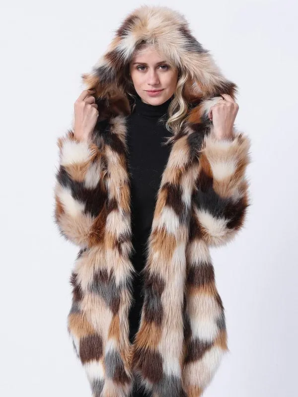 Faux Fur Coats Long Sleeves Chic Color Block Irregular Hooded As Image Winter Coat