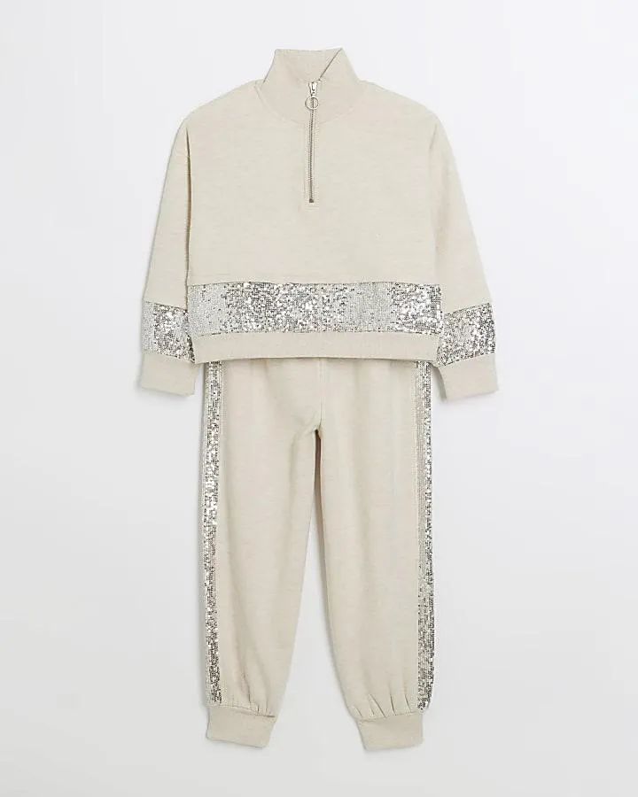 Girls ecru sequin sweatshirt and joggers set