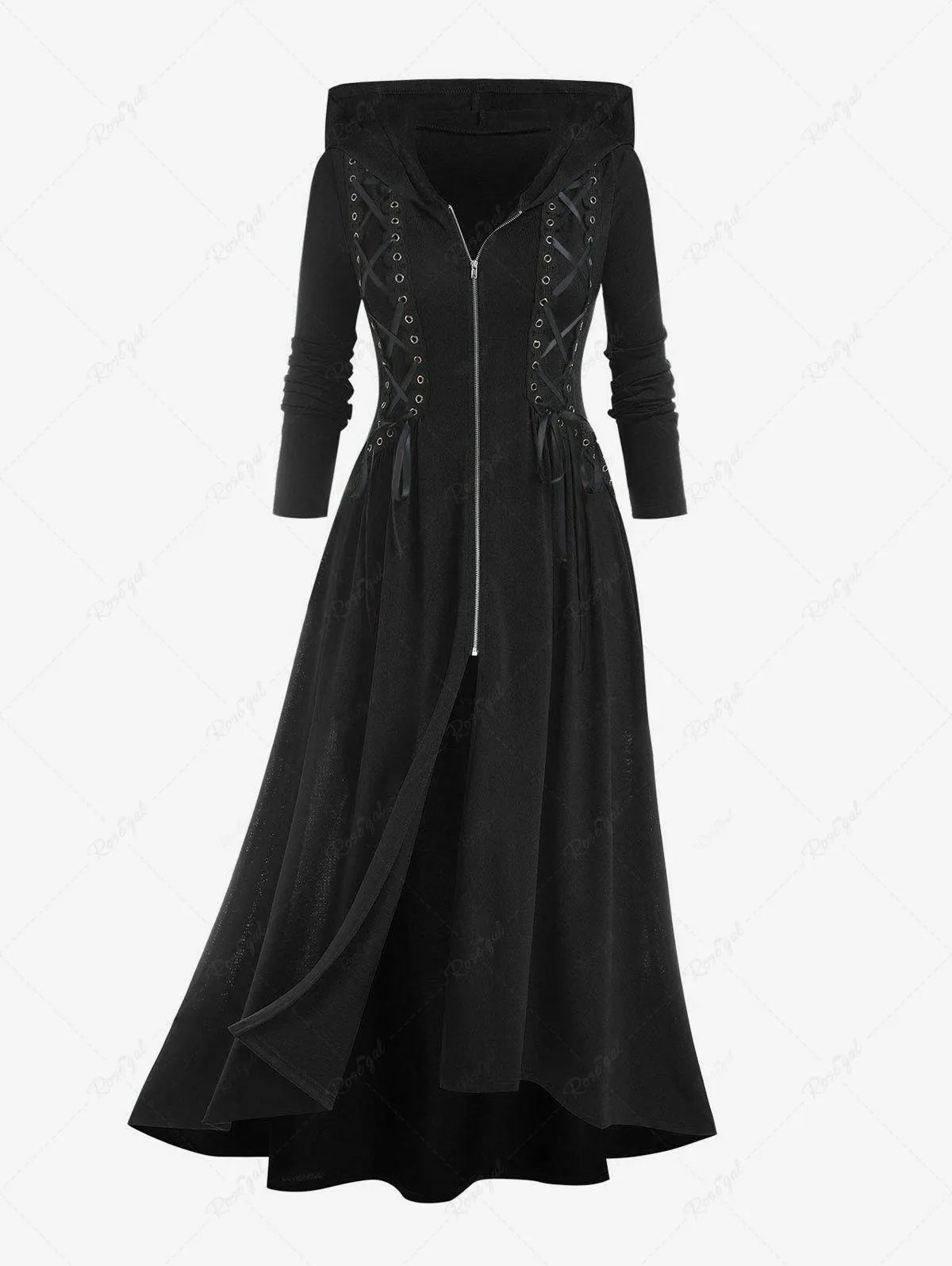 Plus Size Hooded Lace Up Front Zipper High Low Maxi Coat - 4x | Us 26-28
