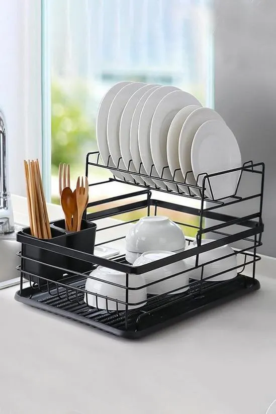 Kitchen 2-Tier Metal Dish Drainer Rack Detachable Storage Drip Tray Sink Washing Plates Draining Board