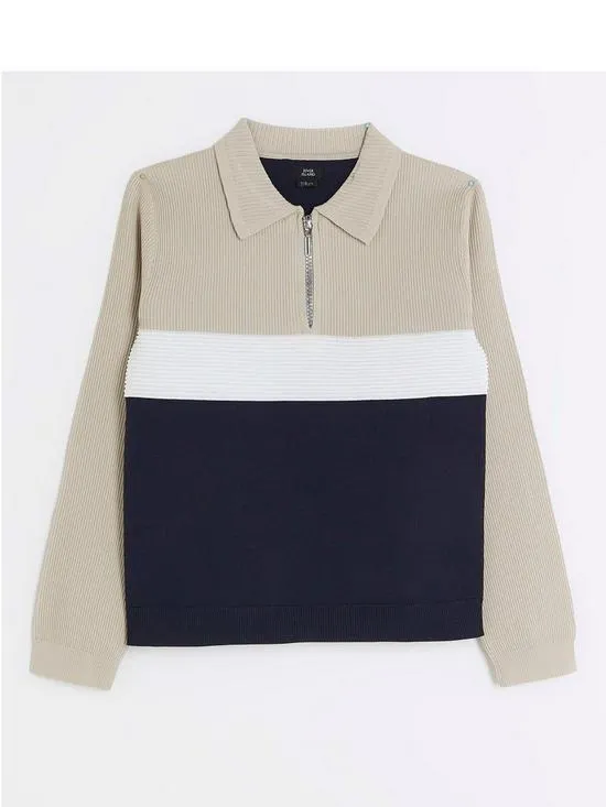 Boys Knitted Colour Block Polo - Navy
