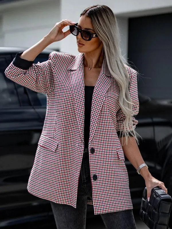 Women's Blazer Chic Plaid Turndown Collar Pockets Long Sleeves Coat