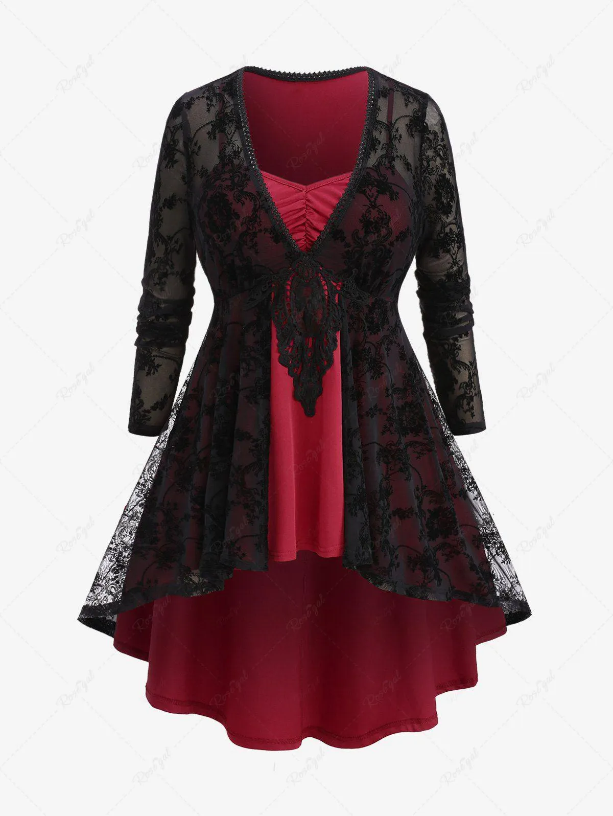 Plus Size Floral Lace Overlay Cinched Ruched High Low Layered T-shirt - 3x | Us 22-24