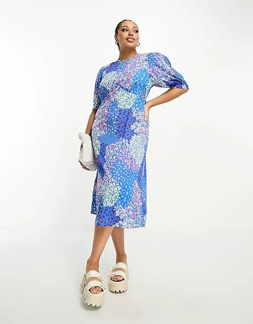 Influence Plus flutter sleeve midi tea dress in blue floral print