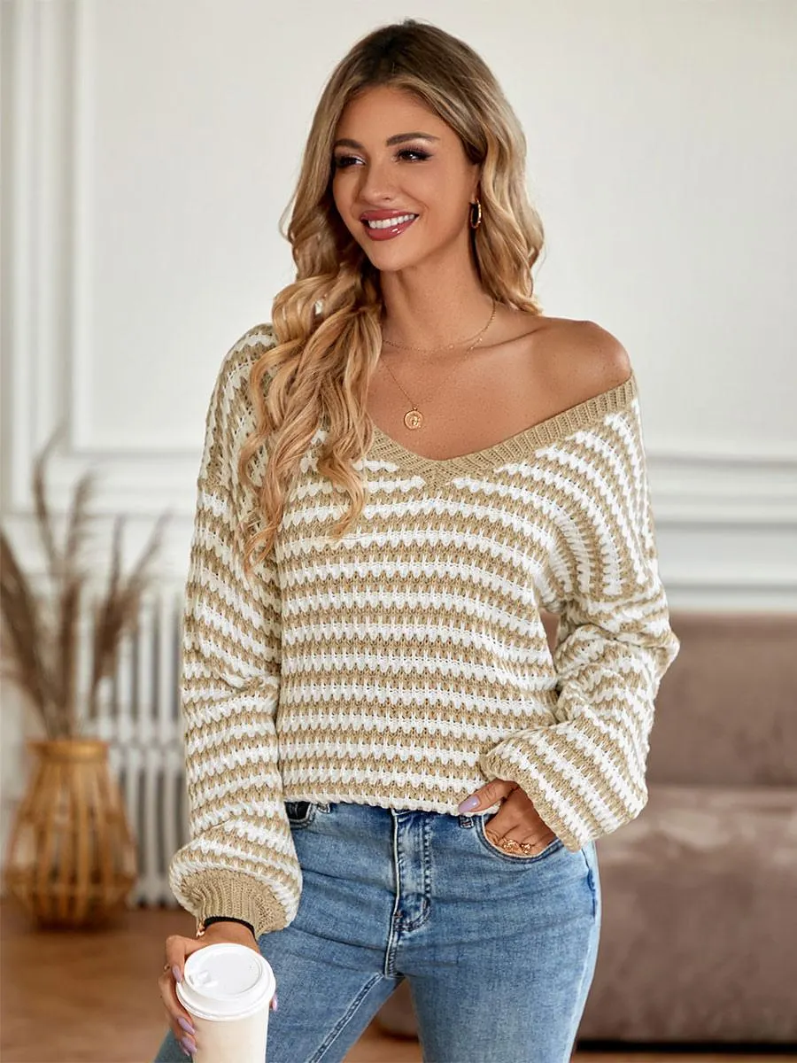Knitted Pullovers For Women Khaki V-Neck Long Sleeves Sweaters