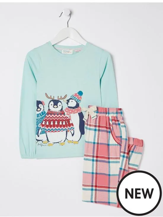 Girls Penguin Check Christmas Pyjama Set - Multi