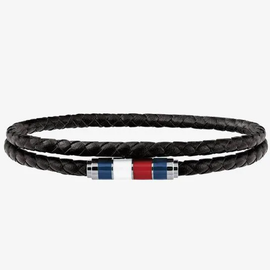 Stainless Steel Enamel Double Black Leather Bracelet