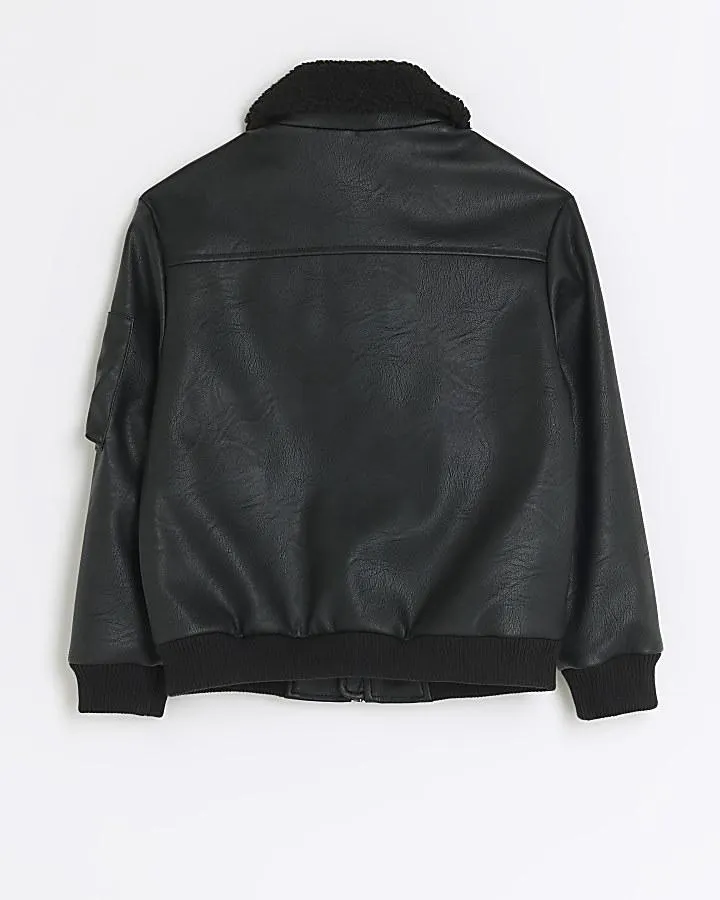 Boys black faux leather bomber jacket