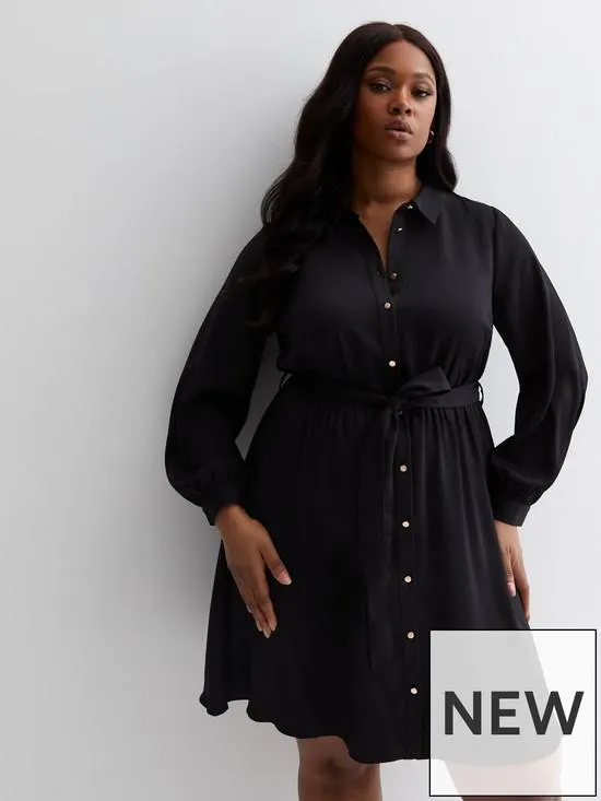 Curves Belted Mini Shirt Dress - Black