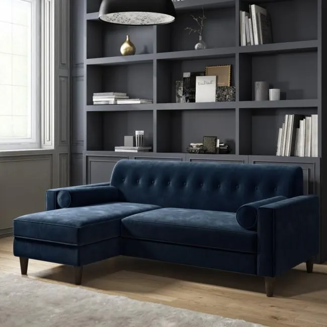 Navy Velvet Left Hand 3 Seater Small L Shaped Sofa - Idris