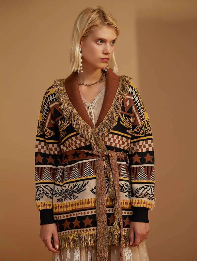Coffee Brown Jacquard Cardigans Tassel Trim Belted Wool Blend Boho Sweater