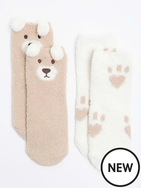 Girls Bear Cosy Socks 2 Pack - Beige