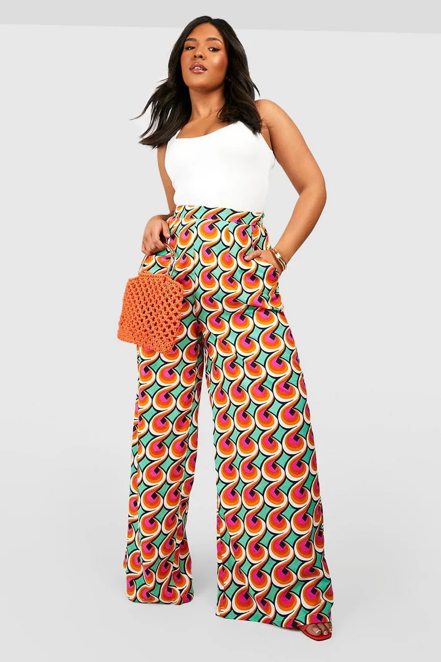 Plus Retro Geo Printed Wide Leg Trousers