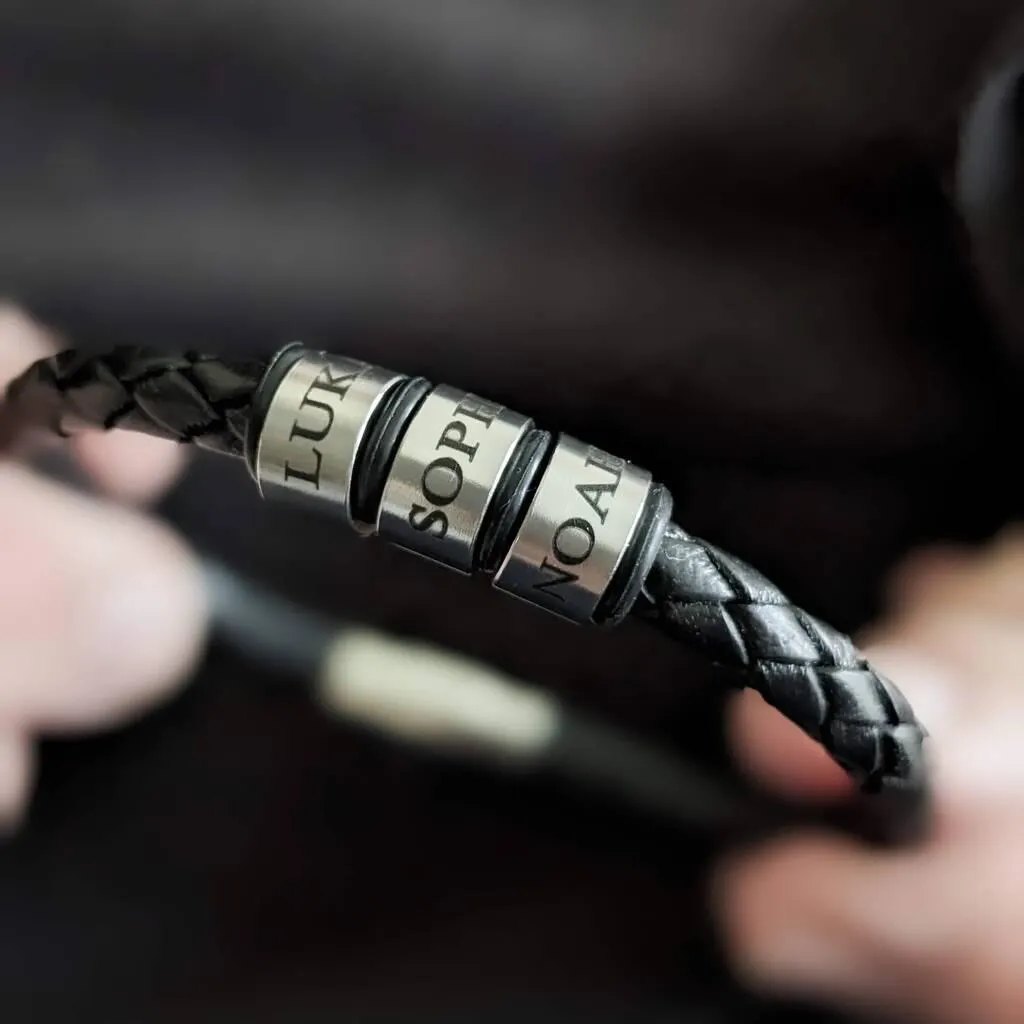 Mens Leather Bracelet With Stainless Steel Name Beads
