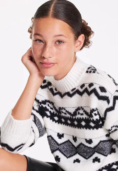 Older Girls Cream & Black Diamond Fairisle Jumper