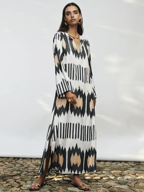 Women Cover Ups White Geometric V-Neck Long Sleeves Oversized Polyester Summer Sexy Bathing Suits