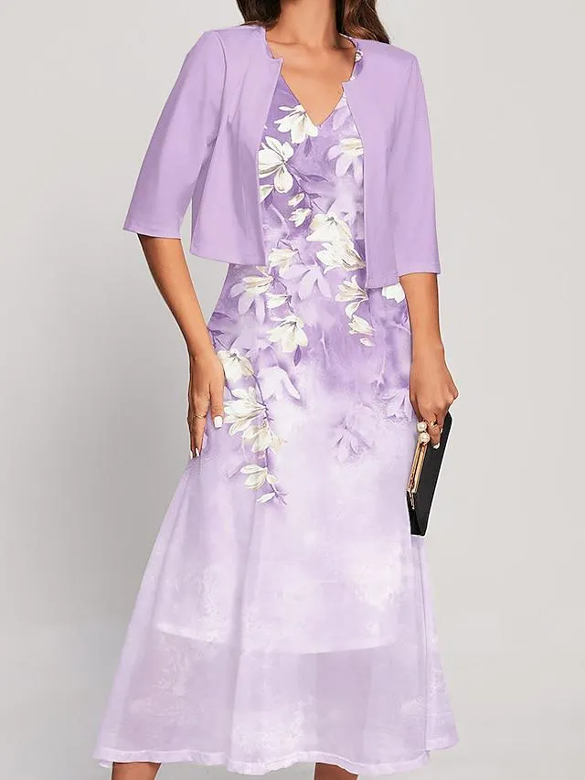 Women's Two Piece Dress Set Casual Dress Chiffon Dress Outdoor Holiday Fashion Streetwear Print Midi Dress V Neck Half Sleeve Floral Regular Fit Pink Blue Light Purple Spring S M L XL XXL